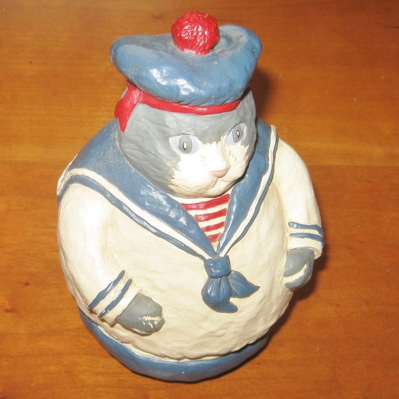 Meow! French Sailor Fat Cat Vintage Handcrafted Painted Pottery Cat Decor - Picture 6 of 8